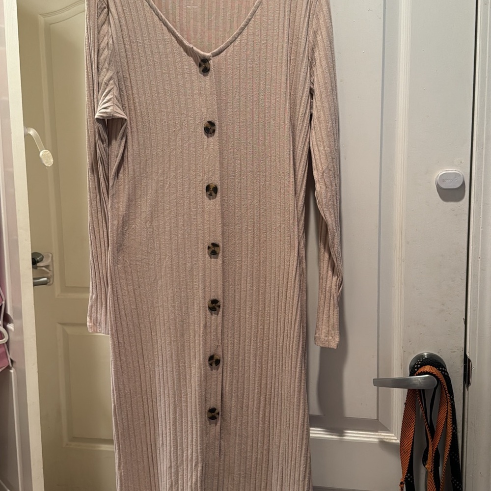 Pink Ribbed Buttoned Long Sleeve Sheath Dress